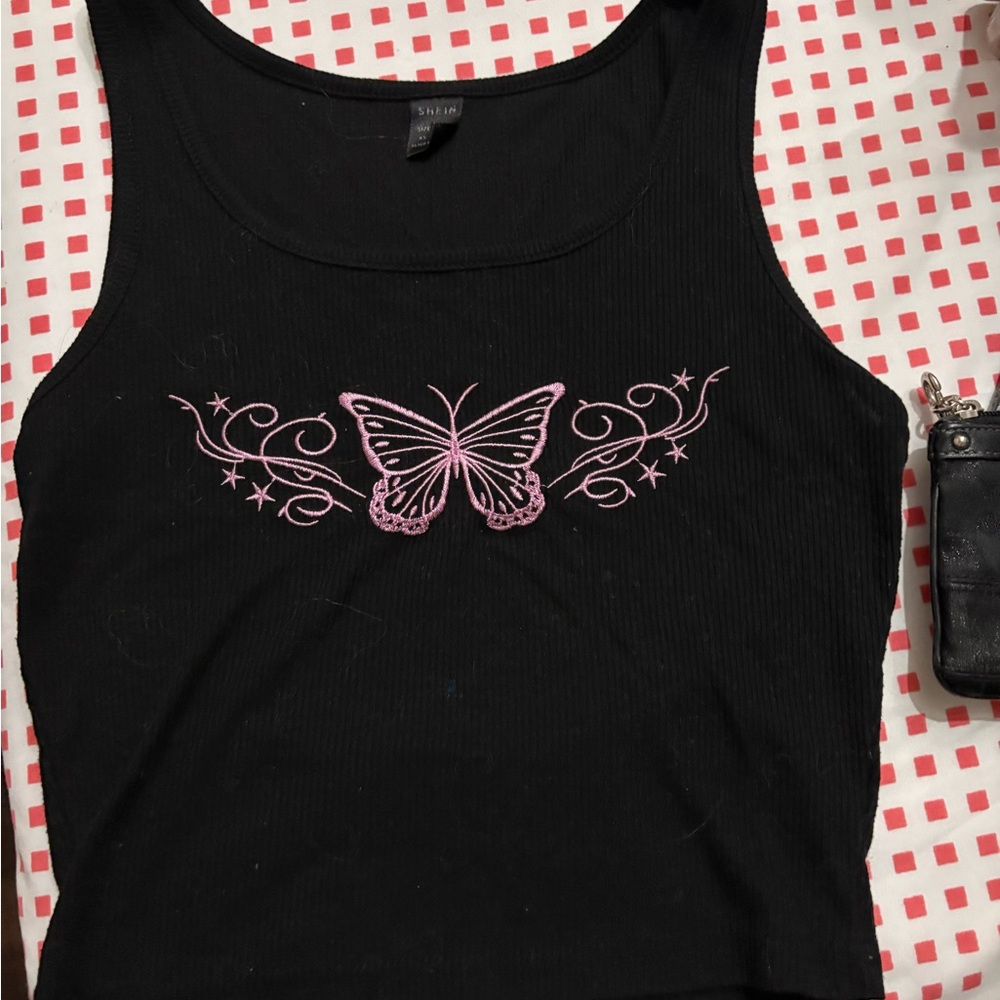 SHEIN Black Tank Top with Pink Butterfly Embroidery